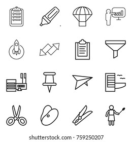 Thin line icon set : clipboard, marker, parachute, presentation, rocket, up down arrow, funnel, mall, pin, deltaplane, hotel, scissors, beans, clothespin, woman with duster