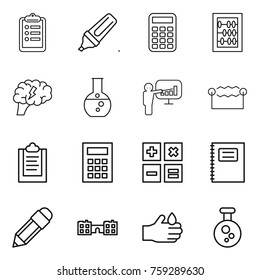 Thin line icon set : clipboard, marker, calculator, abacus, brain, round flask, presentation, electrostatic, copybook, pencil, school, acid, chemical