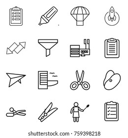 Thin line icon set : clipboard, marker, parachute, rocket, up down arrow, funnel, mall, deltaplane, hotel, scissors, beans, clothespin, woman with duster, list