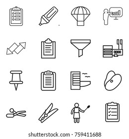 Thin line icon set : clipboard, marker, parachute, presentation, up down arrow, funnel, mall, pin, hotel, beans, scissors, clothespin, woman with duster, list