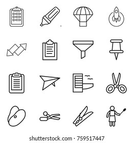 Thin line icon set : clipboard, marker, parachute, rocket, up down arrow, funnel, pin, deltaplane, hotel, scissors, beans, clothespin, woman with duster