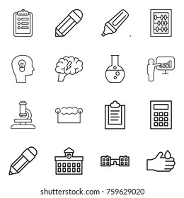 Thin line icon set : clipboard, pencil, marker, abacus, bulb head, brain, round flask, presentation, microscope, electrostatic, calculator, university, school, acid