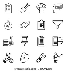 Thin line icon set : clipboard, marker, parachute, presentation, rocket, up down arrow, funnel, mall, pin, hotel, scissors, beans, clothespin, woman with duster