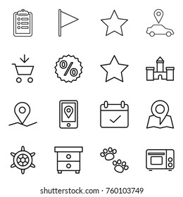 Thin line icon set : clipboard, flag, star, car pointer, add to cart, percent, castle, geo pin, mobile location, terms, map, handwheel, nightstand, pets, grill oven