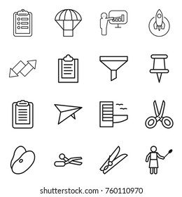 Thin line icon set : clipboard, parachute, presentation, rocket, up down arrow, funnel, pin, deltaplane, hotel, scissors, beans, clothespin, woman with duster