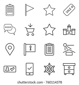 Thin line icon set : clipboard, flag, star, sale, discussion, add to cart, castle, geo pin, important, sun potection, check in, mobile checking, handwheel, nightstand