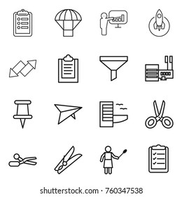 Thin line icon set : clipboard, parachute, presentation, rocket, up down arrow, funnel, mall, pin, deltaplane, hotel, scissors, clothespin, woman with duster, list