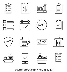 Thin line icon set : clipboard, receipt, cashbox, list, terms, customs, check, protected, inventory, in, detector, baggage checking, mobile, reception