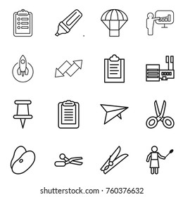 Thin line icon set : clipboard, marker, parachute, presentation, rocket, up down arrow, mall, pin, deltaplane, scissors, beans, clothespin, woman with duster