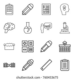 Thin line icon set : clipboard, pencil, abacus, bulb head, brain, round flask, presentation, microscope, electrostatic, calculator, university, school, ruler