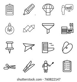 Thin line icon set : clipboard, marker, parachute, presentation, rocket, up down arrow, funnel, mall, pin, deltaplane, hotel, beans, scissors, clothespin, woman with duster, list
