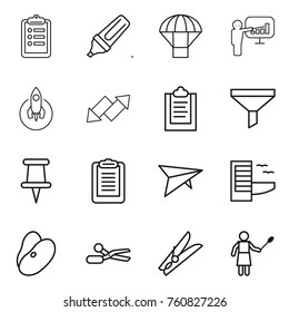 Thin line icon set : clipboard, marker, parachute, presentation, rocket, up down arrow, funnel, pin, deltaplane, hotel, beans, scissors, clothespin, woman with duster