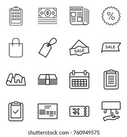 Thin line icon set : clipboard, money, newspaper, percent, shopping bag, label, sale, project, calendar, check, invoice, ticket, hand dryer