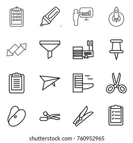 Thin line icon set : clipboard, marker, presentation, rocket, up down arrow, funnel, mall, pin, deltaplane, hotel, scissors, beans, clothespin, list