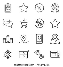 Thin line icon set : clipboard, star, percent, medal, discussion, add to cart, castle, geo pin, mobile location, map, handwheel, nightstand, pets, grill oven