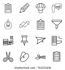 Thin line icon set : clipboard, marker, parachute, presentation, rocket, up down arrow, funnel, mall, pin, deltaplane, hotel, scissors, beans, list