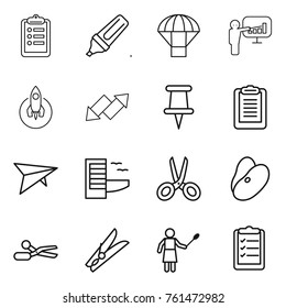 Thin line icon set : clipboard, marker, parachute, presentation, rocket, up down arrow, pin, deltaplane, hotel, scissors, beans, clothespin, woman with duster, list