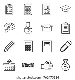 Thin line icon set : clipboard, calculator, abacus, graduate hat, brain, round flask, electrostatic, pencil, copybook, university, school, acid, chemical