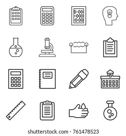 Thin line icon set : clipboard, calculator, abacus, bulb head, round flask, microscope, electrostatic, copybook, pencil, university, ruler, acid, chemical