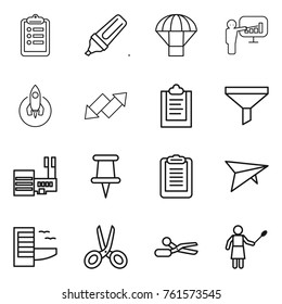 Thin line icon set : clipboard, marker, parachute, presentation, rocket, up down arrow, funnel, mall, pin, deltaplane, hotel, scissors, woman with duster