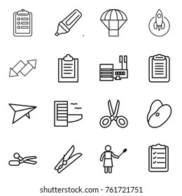 Thin line icon set : clipboard, marker, parachute, rocket, up down arrow, mall, deltaplane, hotel, scissors, beans, clothespin, woman with duster, list
