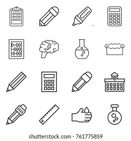 Thin line icon set : clipboard, pencil, marker, calculator, abacus, brain, round flask, electrostatic, university, ruler, acid, chemical