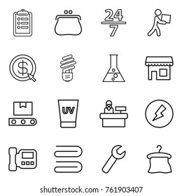 Thin line icon set : clipboard, purse, 24 7, courier, dollar arrow, bulb, flask, shop, transporter tape, uv cream, reception, electricity, intercome, towel, wrench, hanger