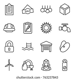 Thin line icon set : clipboard, sale, 3d, building helmet, pen, sun, water tap, locked, pool, garage, beans, windmill, dish cleanser, cleaner, do not distrub
