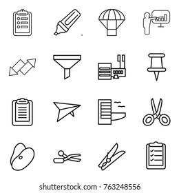 Thin line icon set : clipboard, marker, parachute, presentation, up down arrow, funnel, mall, pin, deltaplane, hotel, scissors, beans, clothespin, list