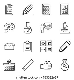 Thin line icon set : clipboard, marker, calculator, abacus, brain, round flask, presentation, microscope, electrostatic, pencil, university, ruler, acid, chemical