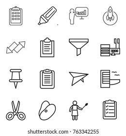 Thin line icon set : clipboard, marker, presentation, rocket, up down arrow, funnel, mall, pin, deltaplane, hotel, scissors, beans, woman with duster, list
