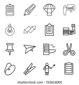 Thin line icon set : clipboard, marker, parachute, presentation, rocket, up down arrow, mall, pin, deltaplane, hotel, scissors, beans, clothespin, woman with duster, list