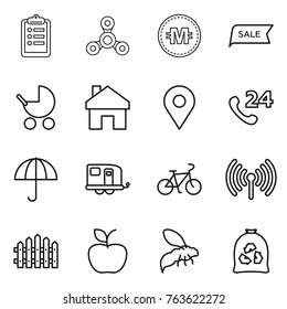 Thin Line Icon Set : Clipboard, Spinner, Crypto Currency, Sale, Baby Stroller, Home, Geo Pin, Phone 24, Dry Cargo, Trailer, Bike, Wireless, Fence, Apple, Wasp, Garbage Bag