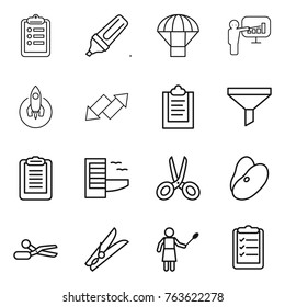 Thin line icon set : clipboard, marker, parachute, presentation, rocket, up down arrow, funnel, hotel, scissors, beans, clothespin, woman with duster, list