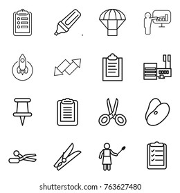 Thin line icon set : clipboard, marker, parachute, presentation, rocket, up down arrow, mall, pin, scissors, beans, clothespin, woman with duster, list