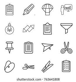Thin line icon set : clipboard, marker, parachute, presentation, rocket, up down arrow, funnel, pin, deltaplane, scissors, beans, clothespin, list