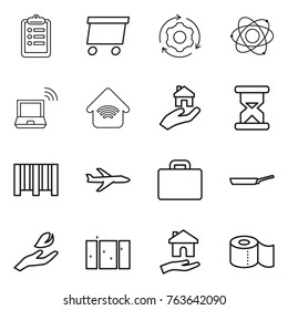 Thin line icon set : clipboard, delivery, around gear, atom, notebook wireless, home, real estate, sand clock, bar code, plane, suitcase, pan, hand leaf, clean window, housing, toilet paper