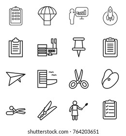 Thin line icon set : clipboard, parachute, presentation, rocket, mall, pin, deltaplane, hotel, scissors, beans, clothespin, woman with duster, list