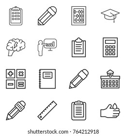 Thin line icon set : clipboard, pencil, abacus, graduate hat, brain, presentation, calculator, copybook, university, ruler, acid