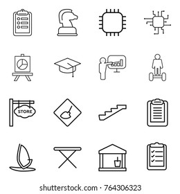 Thin line icon set : clipboard, chess horse, chip, presentation, graduate hat, hoverboard, store signboard, under construction, stairs, windsurfing, iron board, utility room, list