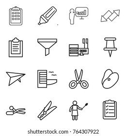 Thin line icon set : clipboard, marker, presentation, up down arrow, funnel, mall, pin, deltaplane, hotel, scissors, beans, clothespin, woman with duster, list