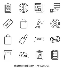 Thin line icon set : clipboard, dollar, newspaper, gift, sale, shopping bag, courier, arrow, label, ticket, copybook, project, pen, list