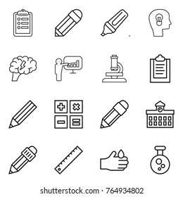 Thin line icon set : clipboard, pencil, marker, bulb head, brain, presentation, microscope, calculator, university, ruler, acid, chemical