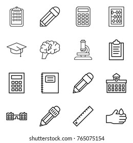 Thin line icon set : clipboard, pencil, calculator, abacus, graduate hat, brain, microscope, copybook, university, school, ruler, acid