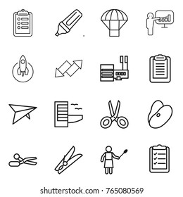 Thin line icon set : clipboard, marker, parachute, presentation, rocket, up down arrow, mall, deltaplane, hotel, scissors, beans, clothespin, woman with duster, list
