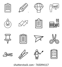 Thin line icon set : clipboard, marker, parachute, presentation, rocket, up down arrow, mall, pin, deltaplane, scissors, clothespin, woman with duster, list