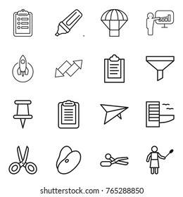 Thin line icon set : clipboard, marker, parachute, presentation, rocket, up down arrow, funnel, pin, deltaplane, hotel, scissors, beans, woman with duster