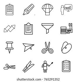 Thin line icon set : clipboard, marker, parachute, presentation, up down arrow, funnel, mall, pin, deltaplane, scissors, beans, clothespin, woman with duster, list
