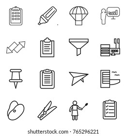 Thin line icon set : clipboard, marker, parachute, presentation, up down arrow, funnel, mall, pin, deltaplane, hotel, beans, clothespin, woman with duster, list