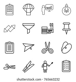 Thin line icon set : clipboard, parachute, presentation, rocket, up down arrow, funnel, mall, pin, deltaplane, scissors, beans, clothespin, woman with duster, list
